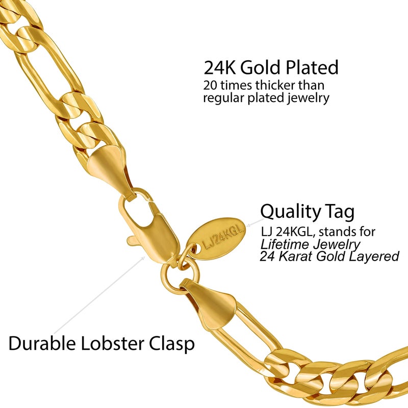 LIFETIME JEWELRY 4mm & 7mm Figaro Chain Bracelet 24k Gold Plated for Men and Women (Gold (7mm), 8 inches) - Image 3